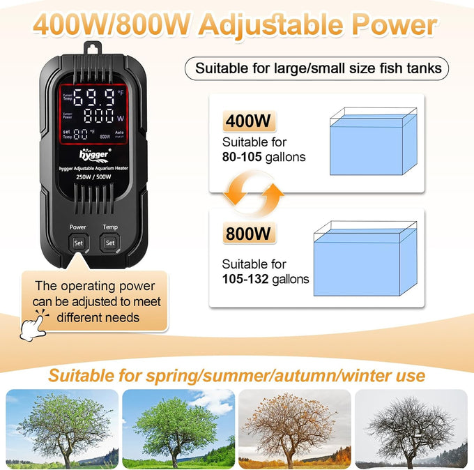 hygger 400W/800W adjustable power aquarium heater for 80-132 gallon tanks with digital display and auto protection