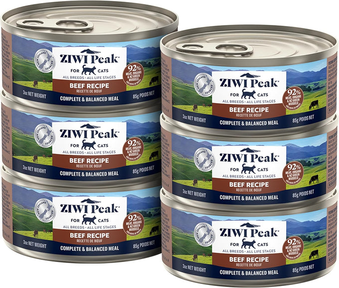 Ziwi Peak beef wet cat food, grain free, high protein, limited ingredient diet with superfoods, case of 6, 3oz cans