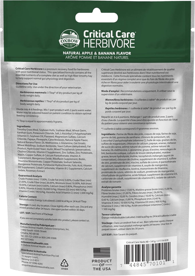 oxbow critical care herbivore emergency guinea pig food and rabbit food for recovery natural apple banana flavor 141 grams made in usa