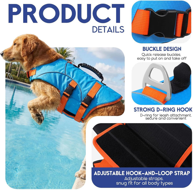 Asenk Dog Life Jacket for Swimming, Boating, Reflective & Adjustable, Small to Large Dogs, Blue, Size S