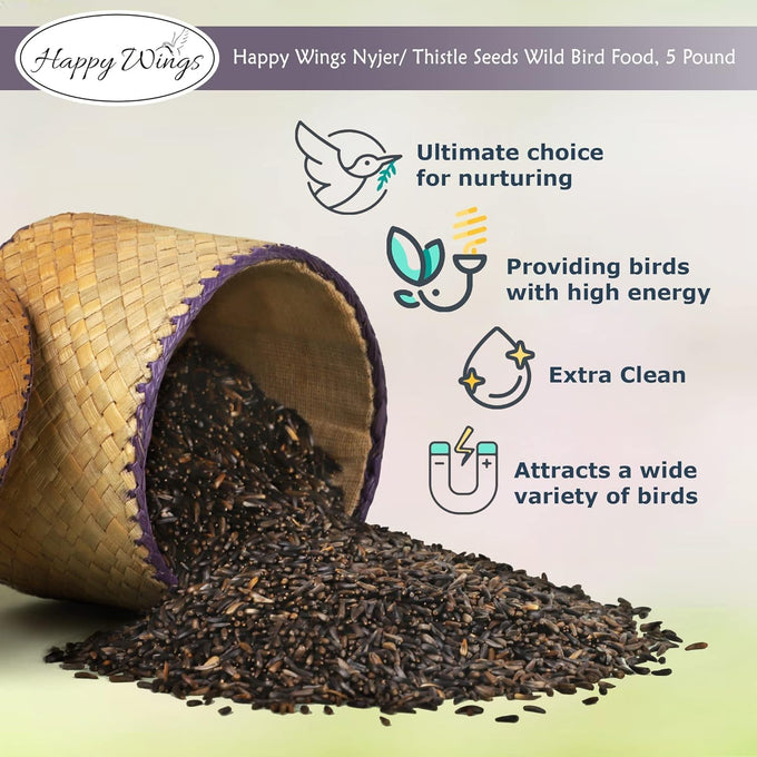 Happy Wings 5-pound Nyjer/Thistle Seeds with 3-pack Empty Sock Bird Feeders for Year-round Wild Bird Food Supply