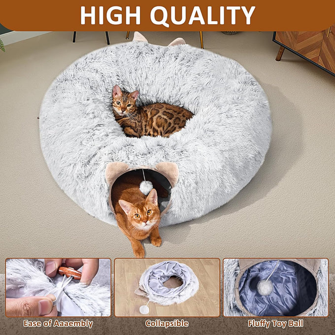 cat tunnel with cat bed for indoor cats, grey, multifunctional playground toys hideplace for kittens rabbit ferret