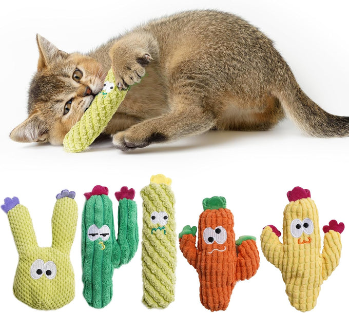Pawsible 5-Pack Organic Catnip-Filled Cactus Cat Toys for Indoor Cats, Anxiety Relief, Teething & Chew Toys