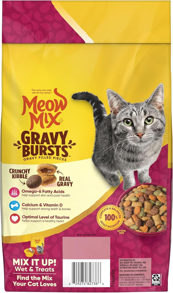 Meow Mix savory chicken flavor gravy bursts dry cat food, 3 lb bag, crunchy kibble with real gravy