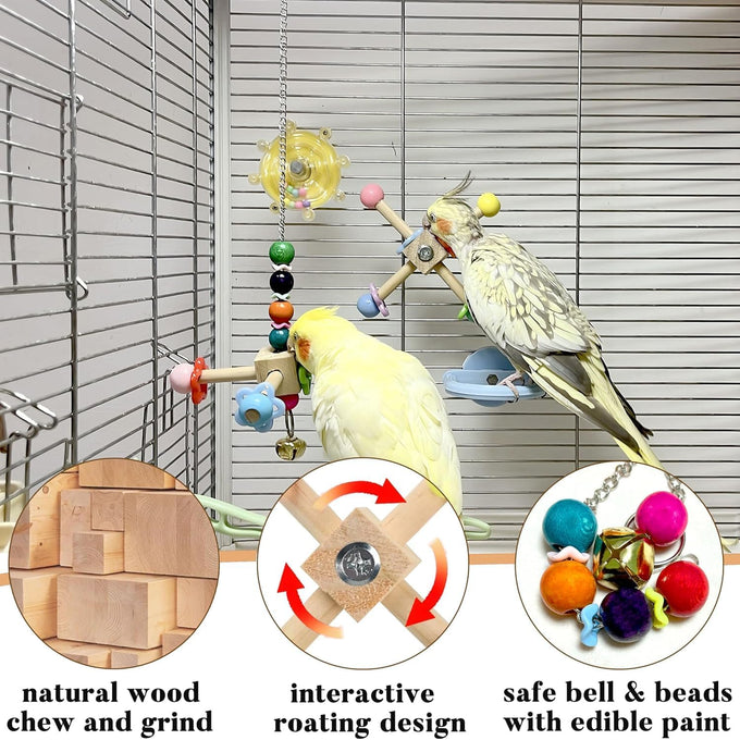 2pcs natural wood parrot toys with bells for small and medium birds, parakeet, cockatiel, conure, lovebird, budgie, quaker
