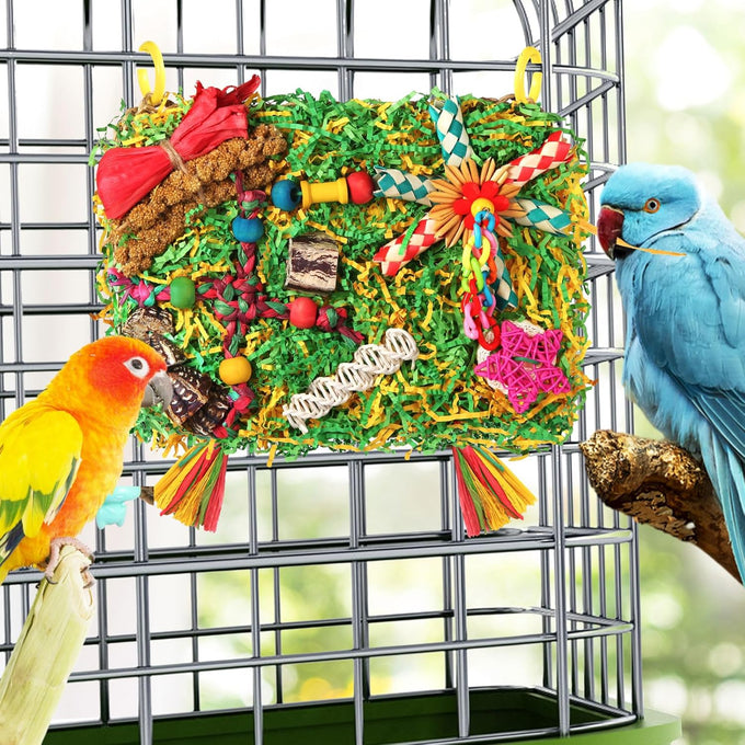 large-sized parrot foraging & shredding cage hanging toys for budgies, cockatiels, lovebirds, conures with eco-friendly seagrass and starfruit accents