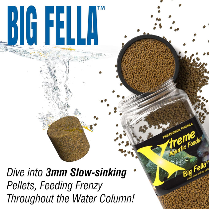 xTreme Big Fella 3.0mm Pellets: Professional Nutrition for Medium to Large Cichlids and Community Fish - USA Farm Grown Pellet Food (20oz)