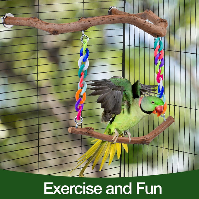 Grape Wood Bird Swing Toy for Small to Medium Sized Birds, U Shape Hangable with Chains, Natural Perch for Budgerigars, Parakeets