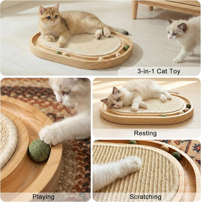 Natural Sisal cat scratcher with ball track, wooden base for indoor kittens and medium cats