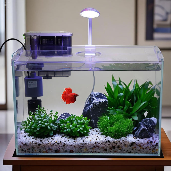 3-gallon glass small fish tank starter kit with high-efficiency filter and led lights lid