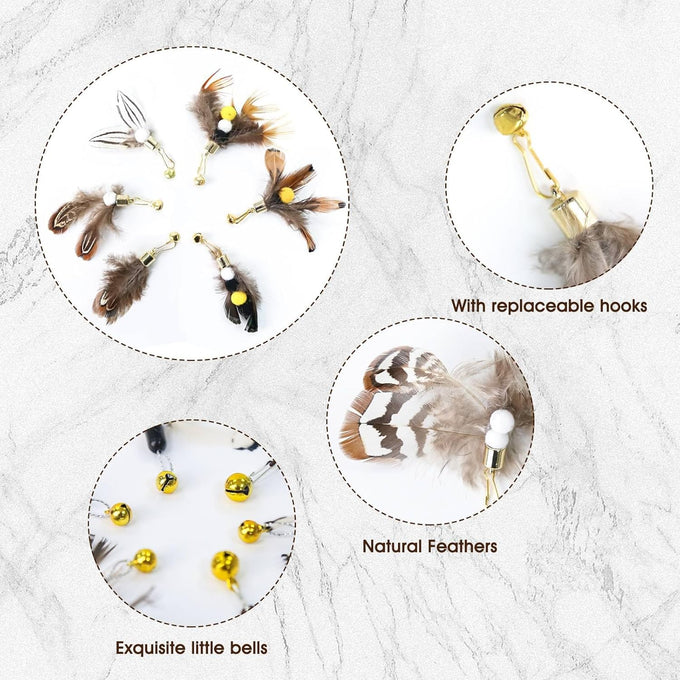 cat insect feather toys 6 pieces natural replacement refills interactive teaser attachments with bell