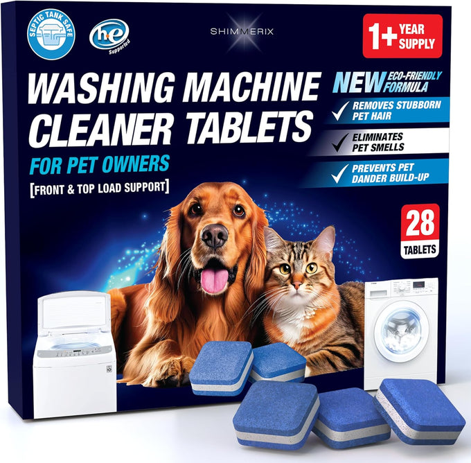Washing machine cleaner tablets - pet hair removal, odor elimination, septic tank safe, HE compatible