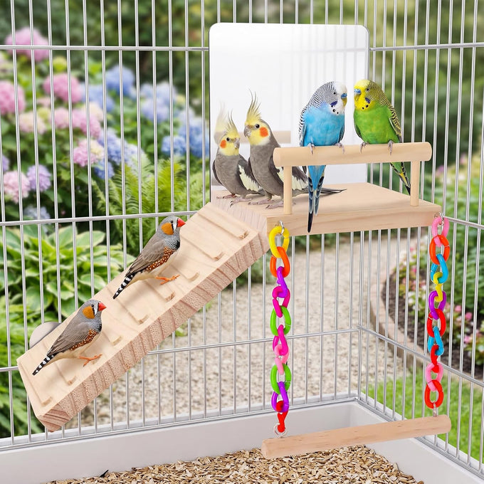 Wooden Bird Perch Platform Toy Set with Mirror, Climbing Ladder, and Swing for Parrots and Budgerigars