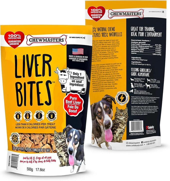 Chewmasters 100% pure beef liver bites freeze-dried dog treats made in usa grain free all natural