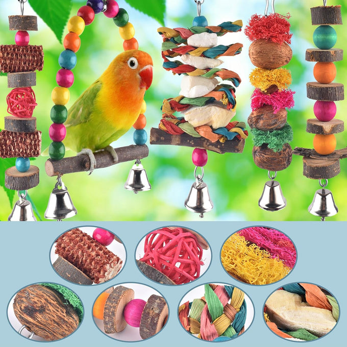 7-pack parakeet natural wood toys for small birds parrot hanging cage toy perch stand