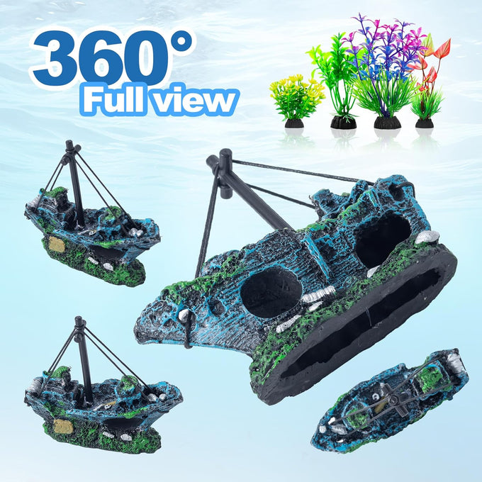 8Pcs Fish Tank Decorations Set - Sunken Ship, Resin Material, Aquarium Accessories for Freshwater or Saltwater Environments