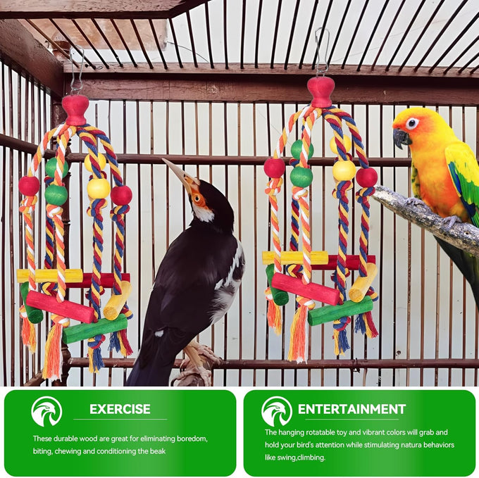 Multicolored wooden bird toys for medium and small birds, perfect for parakeet, parrot, conure, cockatiel, and budgies.