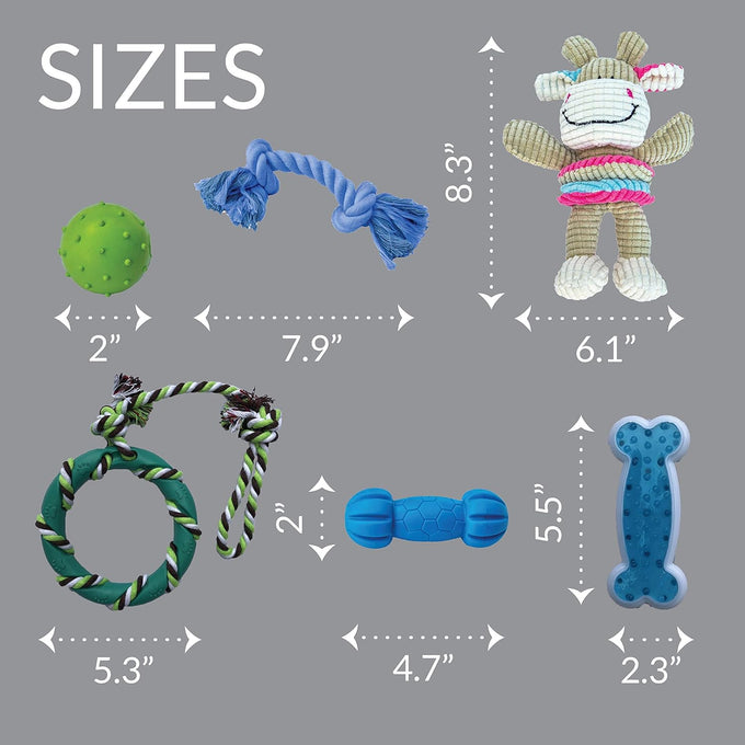 rocket & rex natural rubber and cotton dog chew toy set for small breeds, 6 pack assortment toy bundle