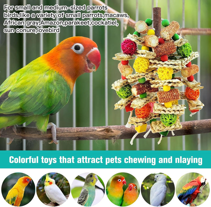Natural Parrot Chew Toy for Conures, Quaker Parrots, with Seagrass, Corn Cob, and Wooden Beads
