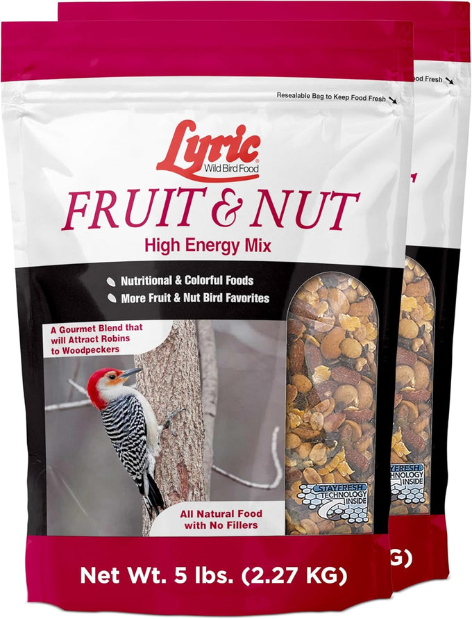 lyric fruit and nut wild bird seed mix - natural bird food for woodpeckers, chickadees, songbirds - 20 lb bag