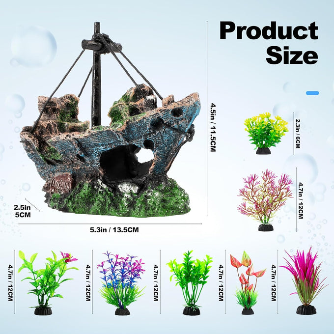 8Pcs Fish Tank Decorations Set - Sunken Ship, Resin Material, Aquarium Accessories for Freshwater or Saltwater Environments