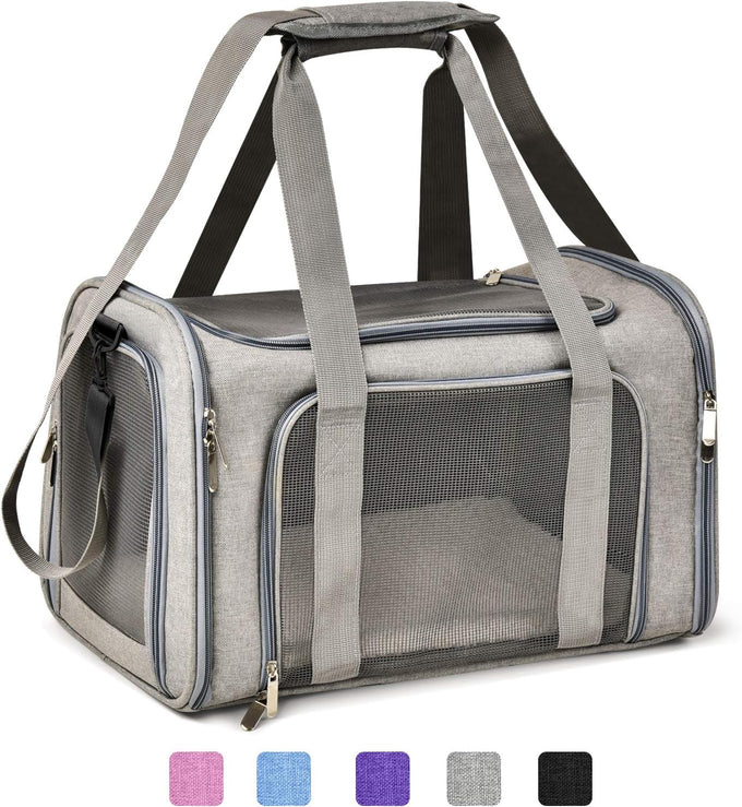 Henkelion grey cat carrier for small to medium pets up to 15lbs, TSA airline approved, soft sided, collapsible, waterproof