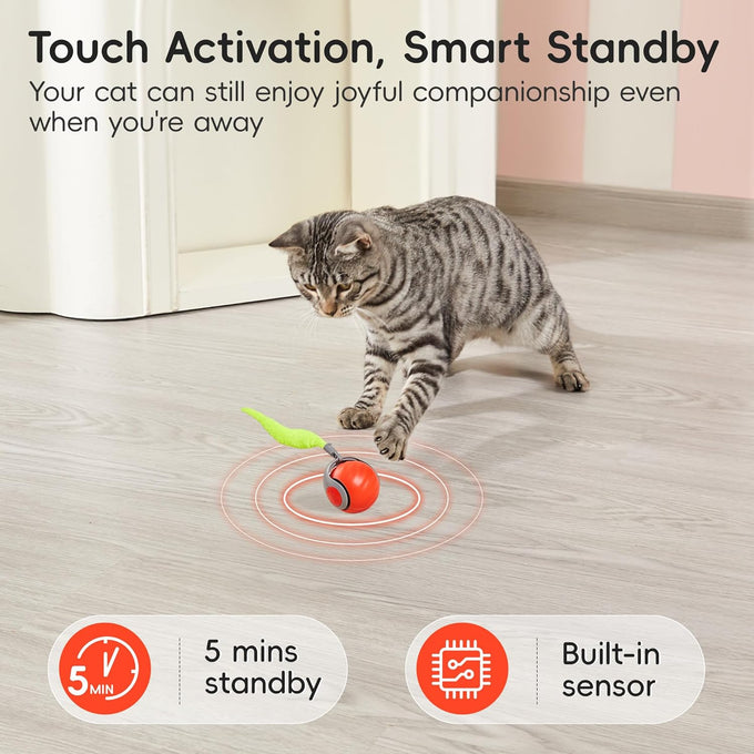 Potaroma moving ball cat toy with feather tail, rechargeable, 2-speed, 2-modes, orange, for indoor cats exercise