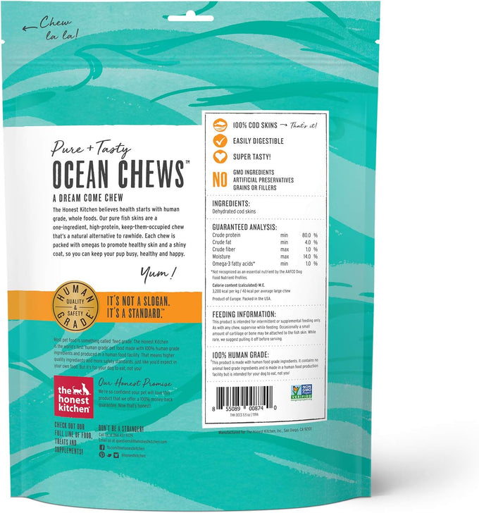 The Honest Kitchen human grade 100% cod fish skins dog treats, grain-free, crispy chews, 5.5 ounces