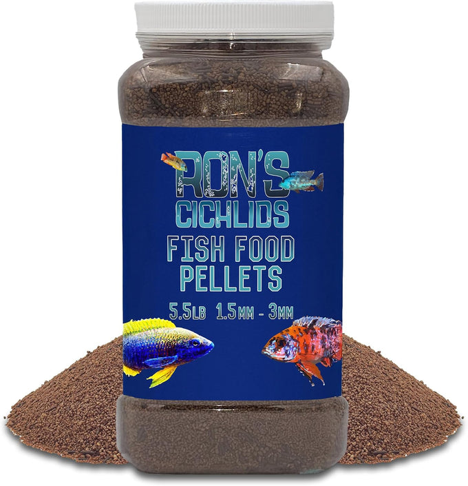 Ron's Mbuna Blend African Cichlid Fish Food, premium tropical fish food pellets for vibrant coloration and robust growth, 8 oz