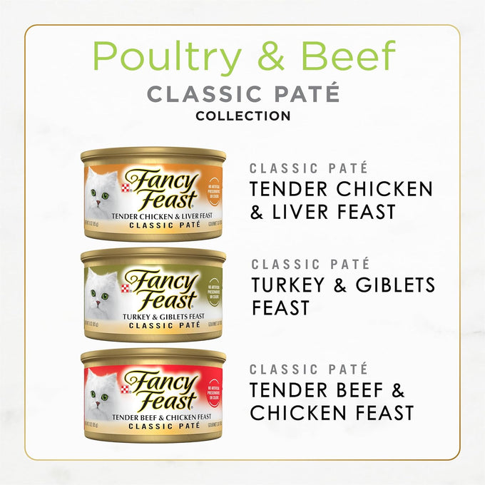 Fancy Feast grain-free wet cat food variety pack, 30 3 oz. cans, poultry and beef feast classic pate collection