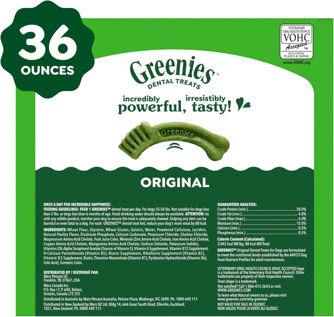 greenies veterinarian-recommended adult natural dental dog treats, regular size, 36 oz pack, 36 count, original flavor