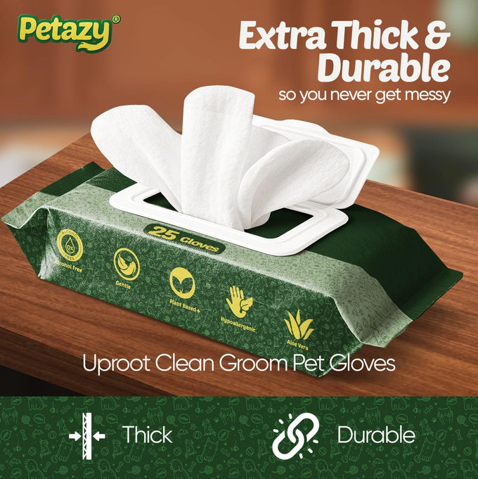 petazy pet glove wipes for dogs and cats hypoallergenic thick cleaning gloves with aloe coconut oil, 25 pack