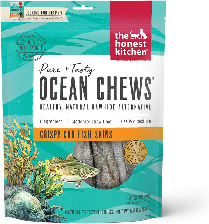 The Honest Kitchen human grade 100% cod fish skins dog treats, grain-free, crispy chews, 5.5 ounces