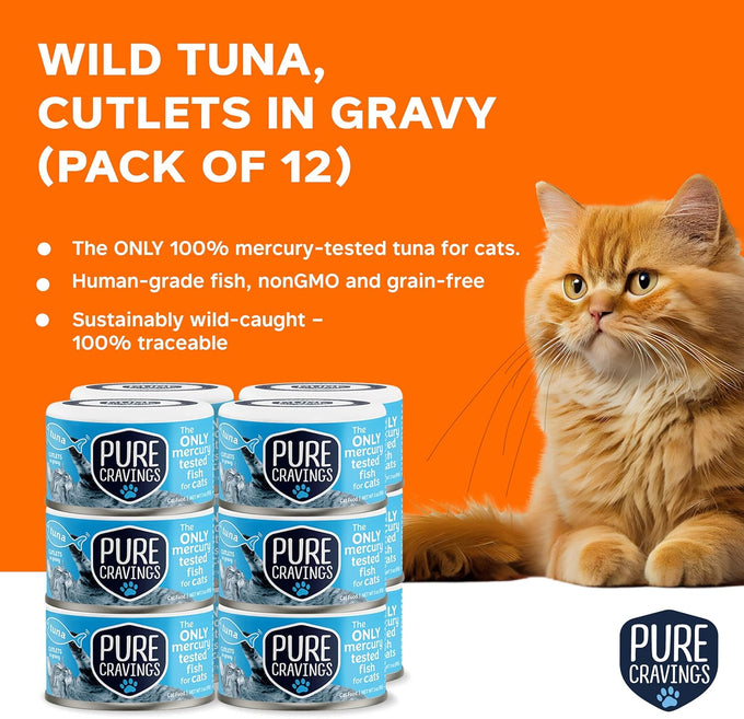 Pure Cravings 100% Mercury-Tested Grain-Free Wet Cat Food Canned Tuna Cutlets in Gravy, Pack of 12