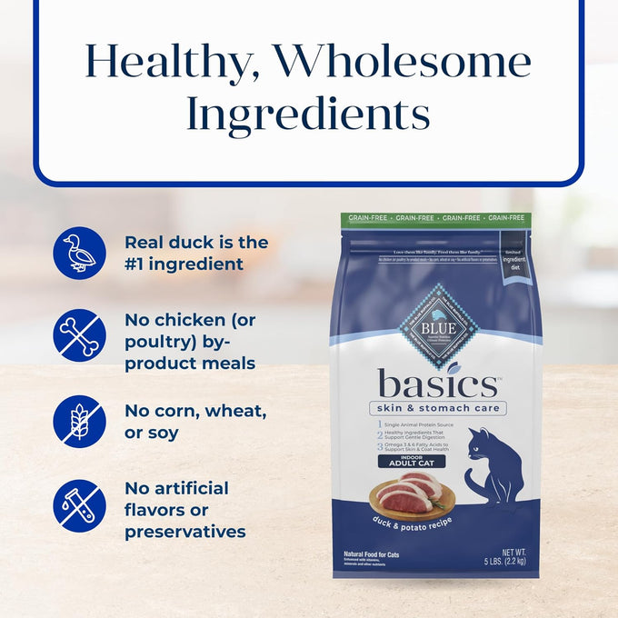 Blue Buffalo Basics Grain-Free Dry Cat Food for Indoor Cats, 5-lb. Bag, Duck & Potato Recipe, Skin & Stomach Care