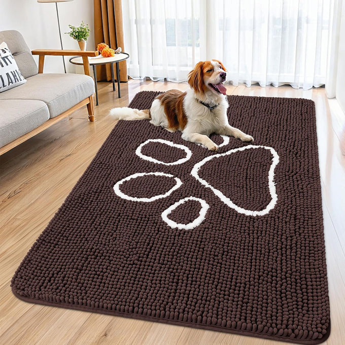 Smiry 30x20 inches chenille door mat for muddy paws with non-slip textured rubber base, grey and black