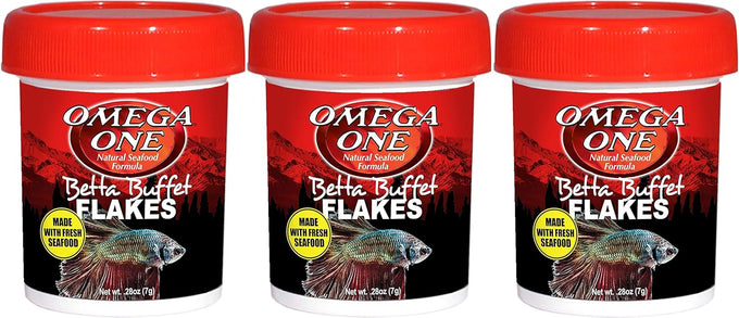 Omega One Betta Buffet Flakes, 0.28 oz (3-Pack) Premium Betta Fish Food with Natural Pigments, Omega 3 & 6, and Fresh Seafood Protein for Vibrant Colors and Health