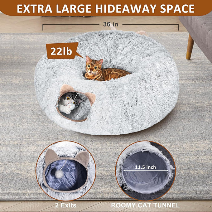 cat tunnel with cat bed for indoor cats, grey, multifunctional playground toys hideplace for kittens rabbit ferret