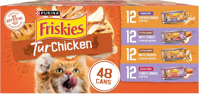 Purina Friskies TurChicken Turkey and Chicken Wet Cat Food Variety Pack with Meaty Bits, Prime Filets, and Extra Gravy, 48-count