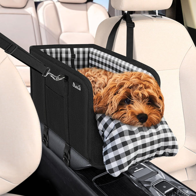 SlowTon Portable Dogs Armrest Booster Seat for Small Dog Anti-Collapse Pet Car Seat with Soft Cushion Safety Belt Black