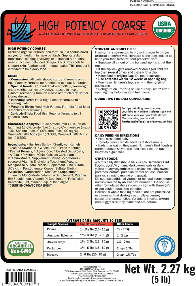 Harrison's certified organic high potency coarse bird food for medium to large birds, non-GMO, vet-developed, 2.27 kg