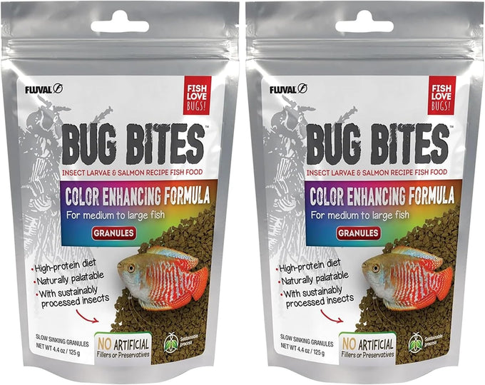 Fluval Bug Bites slow sinking granules for medium to large tropical fish, 4.4 oz, salmon and black soldier fly larvae