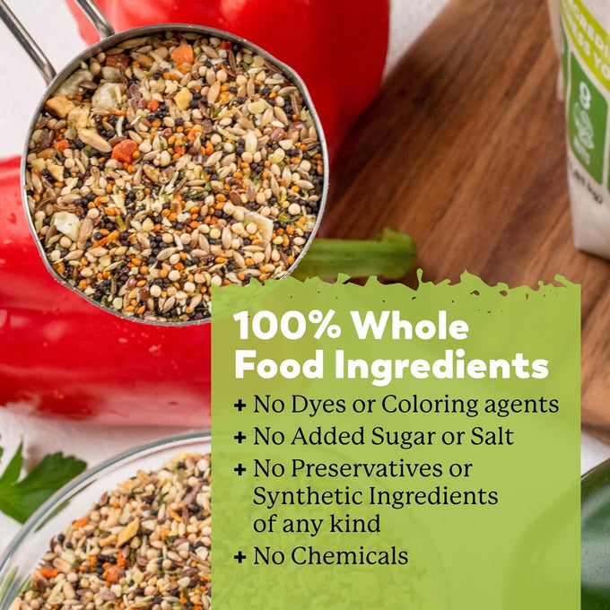 wholesome dr. harvey's parakeet food with 10 seed types, 7 nuts, 15 fruits & vegetables, no chemicals (4 pounds)
