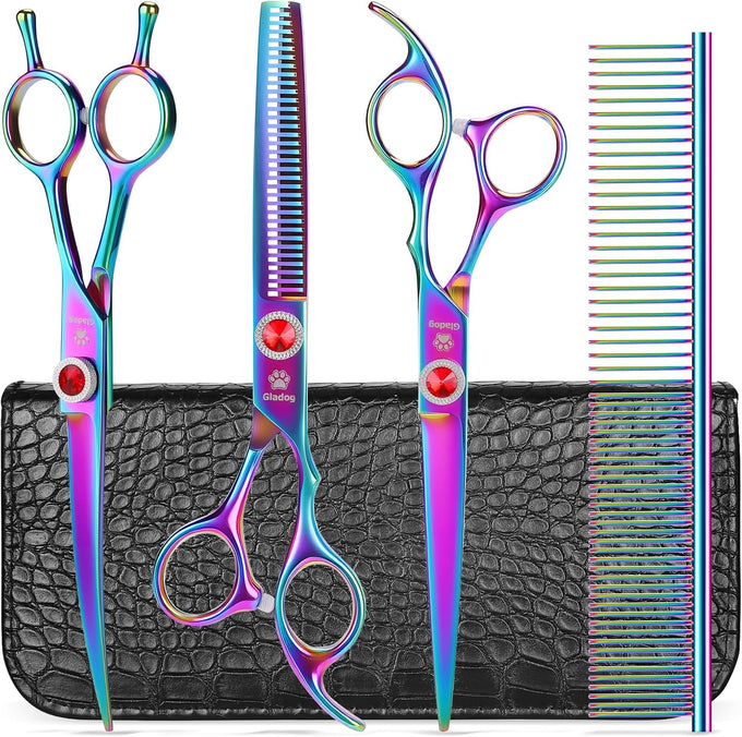GLADOG Professional 5 in 1 Dog Grooming Scissors Set with Rounded Tips, Sharp and Heavy-duty Pet Grooming Shears for Cats
