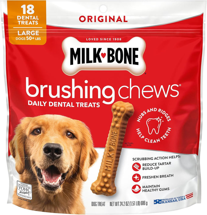 Milk-Bone Brushing Chews Original Chicken Flavor, 18 Large Daily Dental Dog Treats, 24.2 Oz Bag