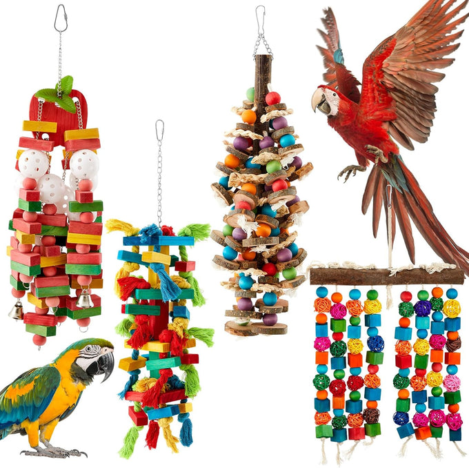 seenelling 3pcs large multicolored wooden parrot cage chewing toys for macaws african greys cockatoos