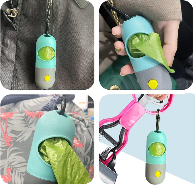 Eliamo 2-Pack Dog Poop Bag Dispenser with LED Flashlight and Carabiner Clip, Blue, Leash Holder for Night Walking