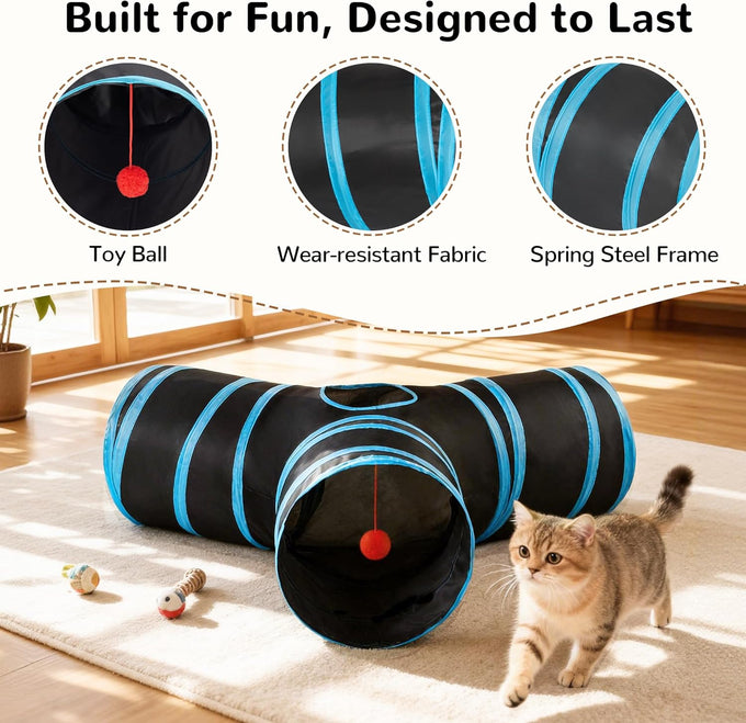Tempcore 3-way collapsible cat tunnel for indoor cats, kittens, and small pets with peek hole and ball toy