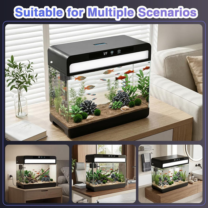 3 gallon smart aquarium for beta fish, 3-in-1 silent water pump with filtration, circulation, oxygenation, and 7 colors LED lights (black)