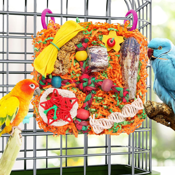 Bird toys for small & medium parrots - natural foraging & shredding cage hanging toys with seagrass mat, starfruit, loofah slices, 1 pc